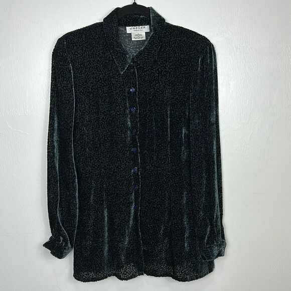 Jaeger Vintage Silk Blend Velvet Burnout Black Button Down Shirt Size M - Picture 1 of 9